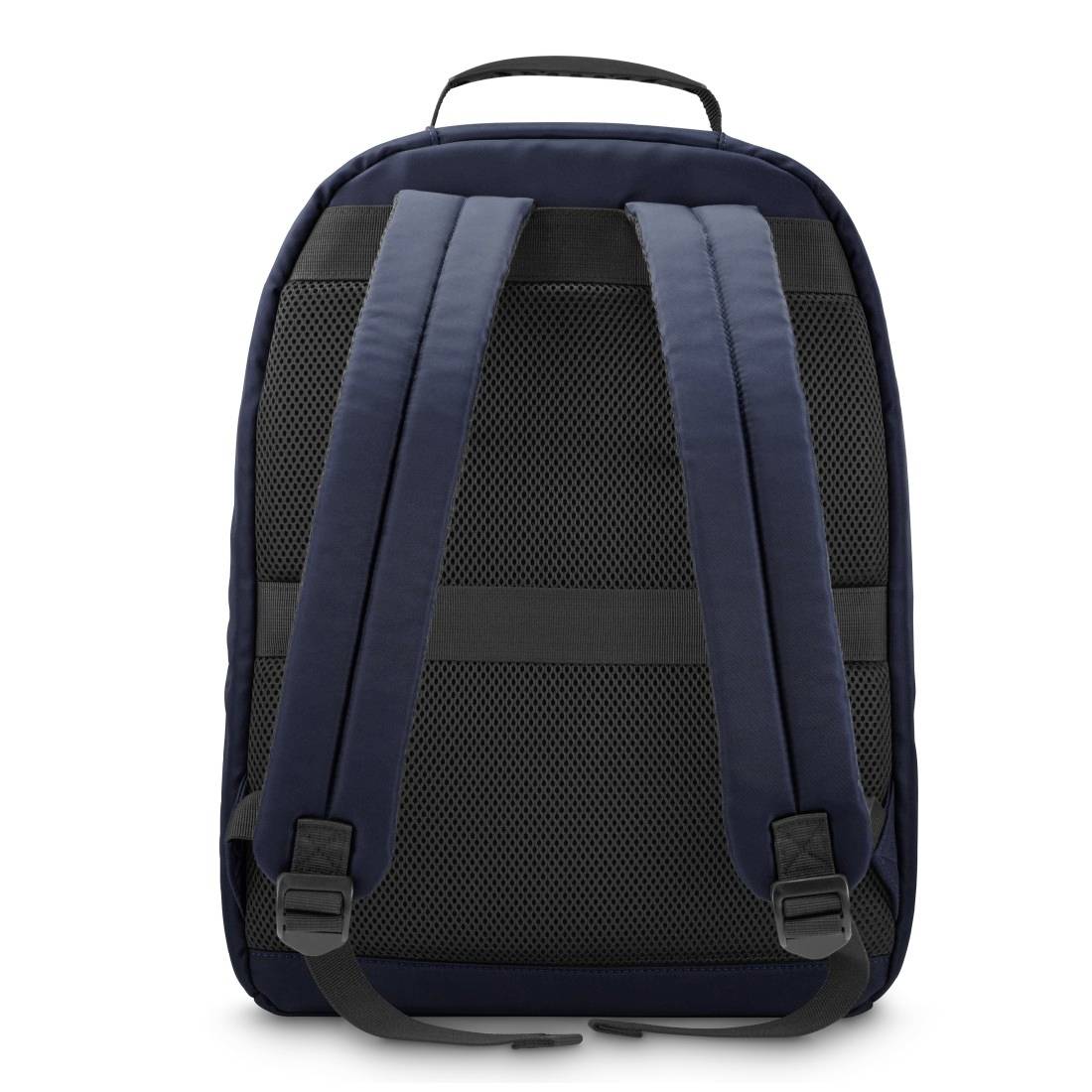 Ein dunkelblauer Rucksack, Ansicht von hinten, mit gepolsterten Trägern und einem Haltegriff oben.