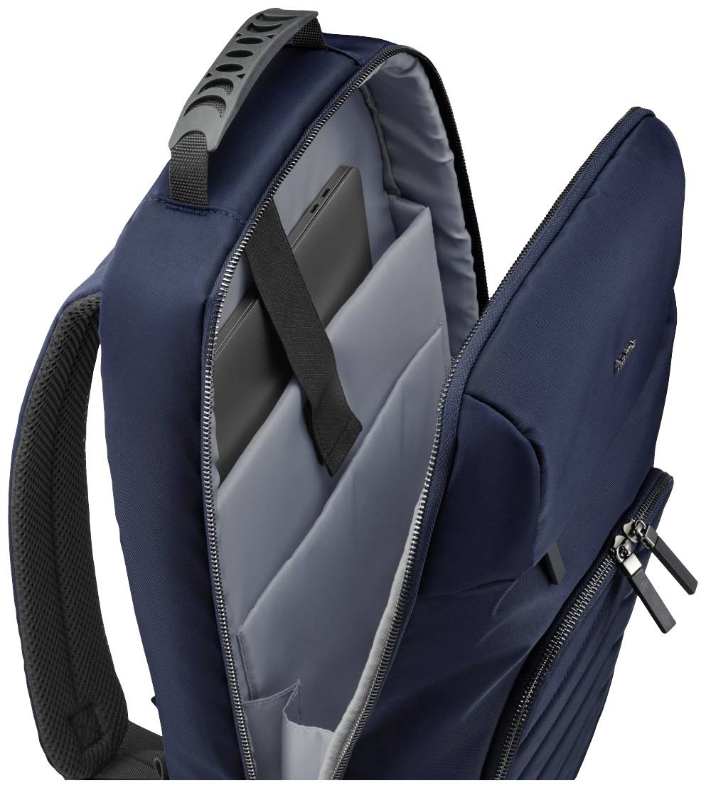 Blauer Rucksack mit mehreren Fächern, geöffnet. Darin ein Laptop und ein Tablet sichtbar. Ergonomischer Griff und seitliche Reißverschlusstasche.