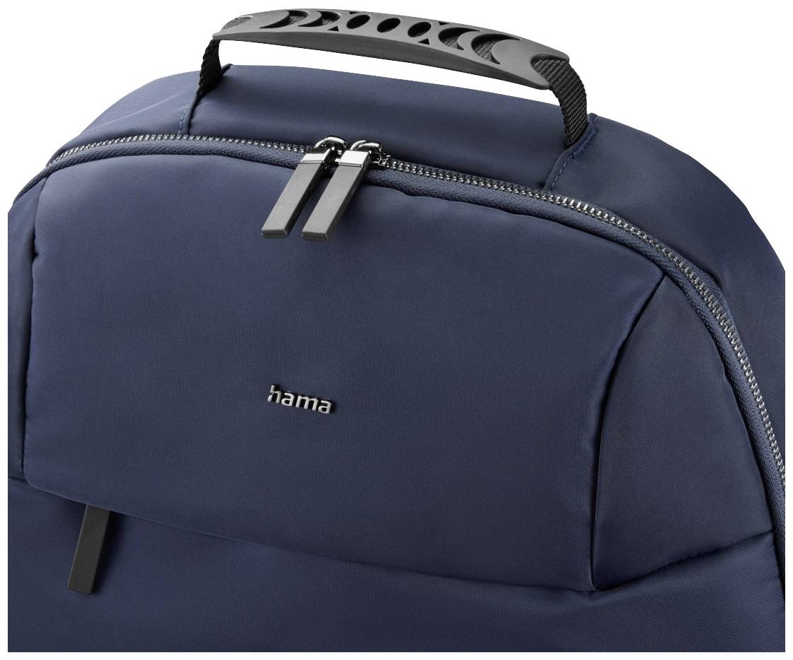 Dunkelblauer Rucksack mit einem schwarzen Tragegriff und Metallreißverschlüssen, das Logo 'hama' ist auf der Vorderseite sichtbar.