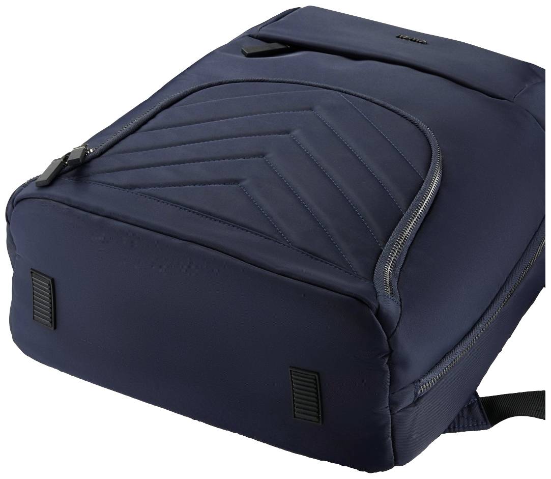 Dunkelblauer Rucksack mit gepolstertem Rücken und mehreren Reißverschlusstaschen.