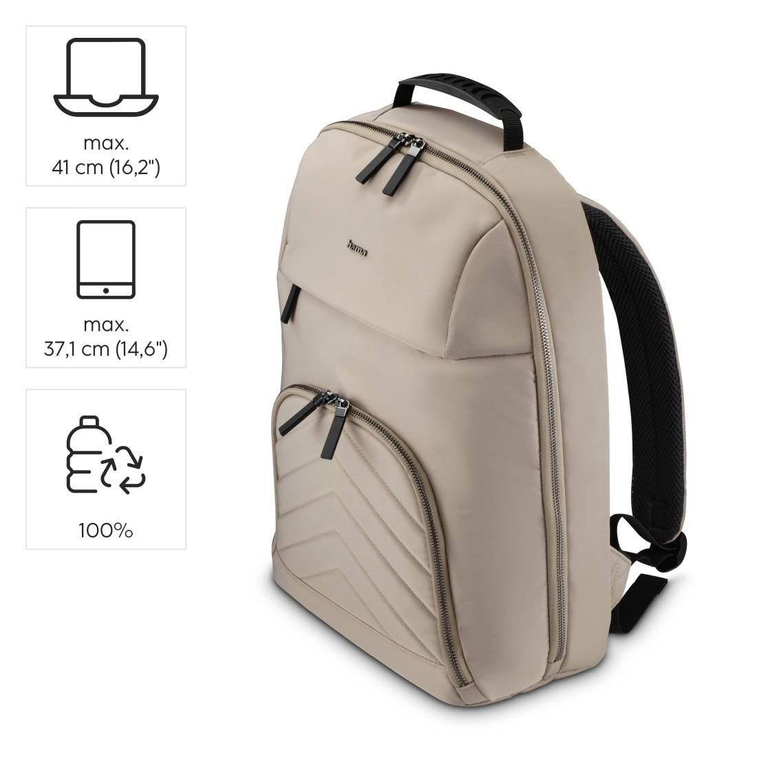Beiger Rucksack mit zwei Hauptfächern und Hängeschlaufe. Links Symbole: 'max. 41 cm (16,2