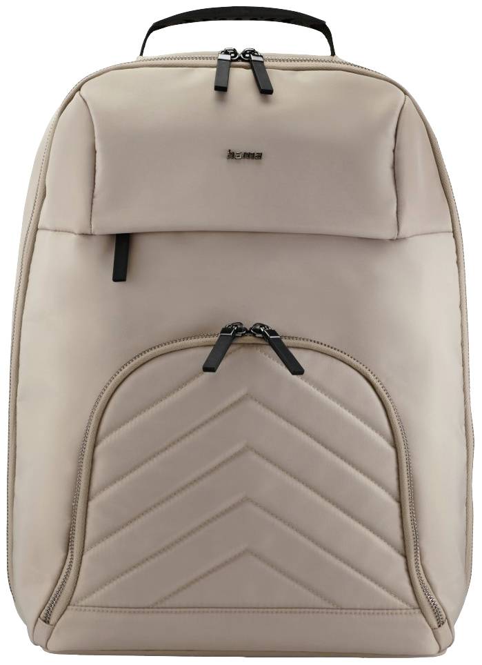Beiger Rucksack mit schwarzen Reißverschlüssen und Steppmuster auf der vorderen Tasche.