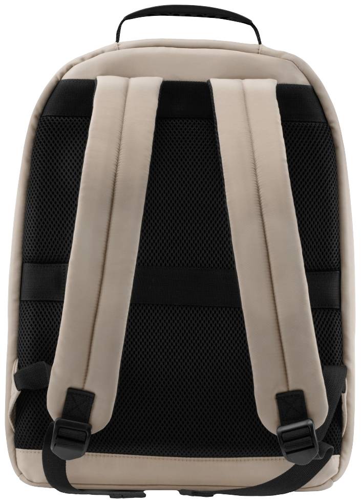 Ein beige Rucksack von hinten, mit zwei gepolsterten schwarzen Trägern und einem Tragegriff oben. Ideal für den täglichen Gebrauch.