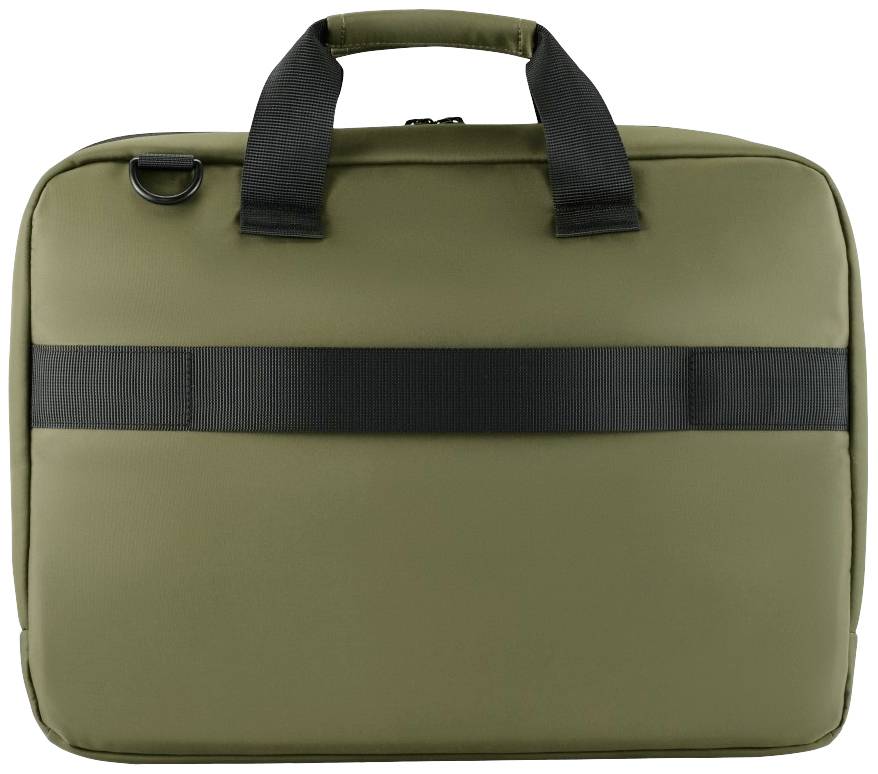 Olivgrüne Laptop-Tasche mit schwarzen Griffen und einem schwarzen Streifen auf der Vorderseite. Ideal zum Transport von Laptops.