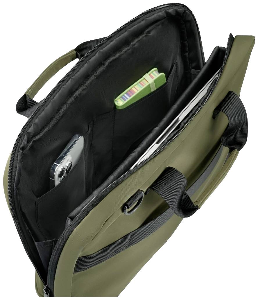 Geöffnete grüne Laptoptasche mit Laptop, Smartphone und Notizheft im Inneren. Die Tasche hat schwarze Griffe und einen Reißverschluss.