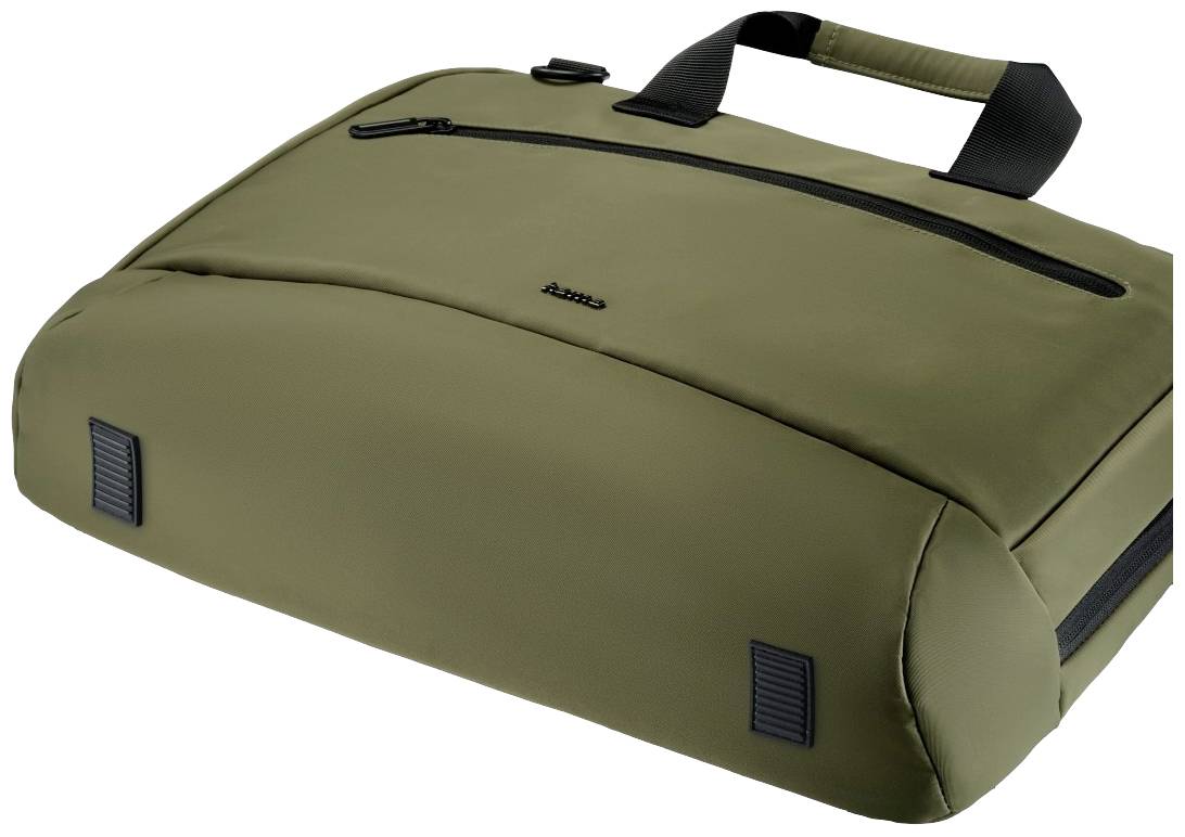 Eine olivgrüne Tasche mit schwarzen Griffen und einem Reißverschlussfach oben. Sie hat rechteckige Form und stabile Standfüße.