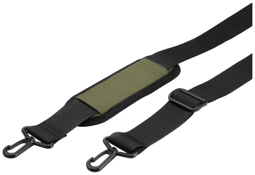 Schultergurt mit grünem Polster und schwarz verstellbarem Band, zwei schwarzen Metallhaken an den Enden, für Tragetaschen.