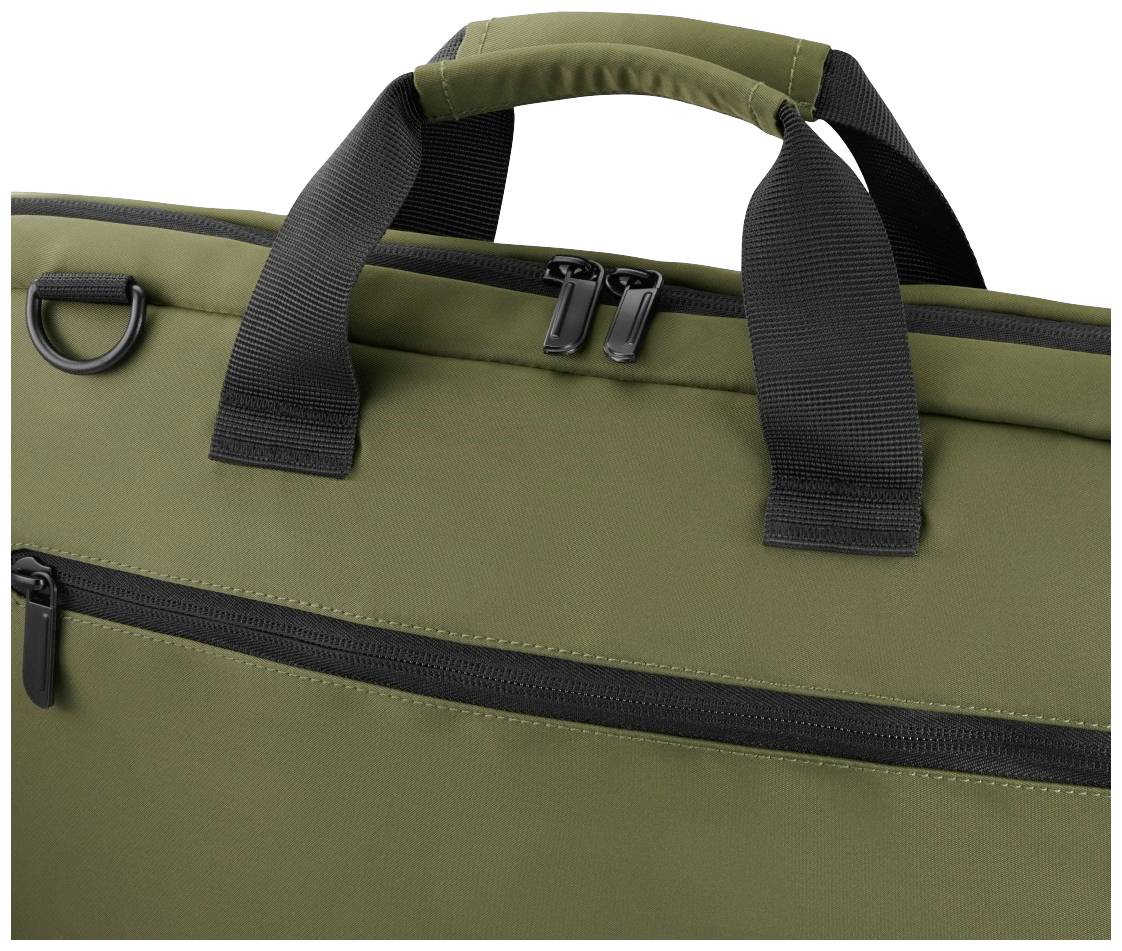 Grüne Tasche mit schwarzen Griffen und Reißverschlüssen. Vorderseite verfügt über ein zusätzliches Reißverschlussfach.