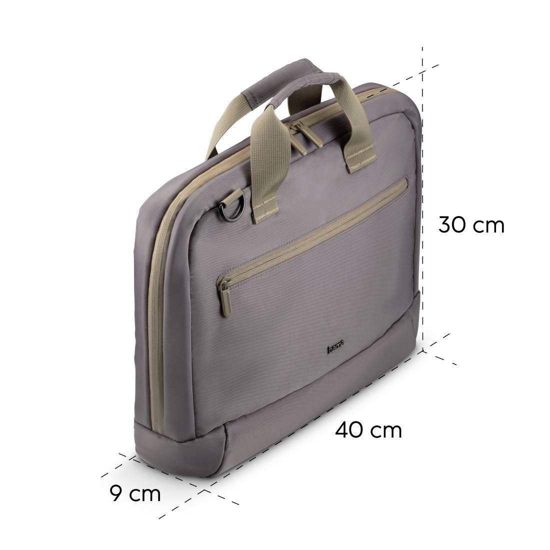 Eine braune Laptoptasche mit Tragegriffen, Fronttasche und Maßen: 40 cm Breite, 30 cm Höhe, 9 cm Tiefe.