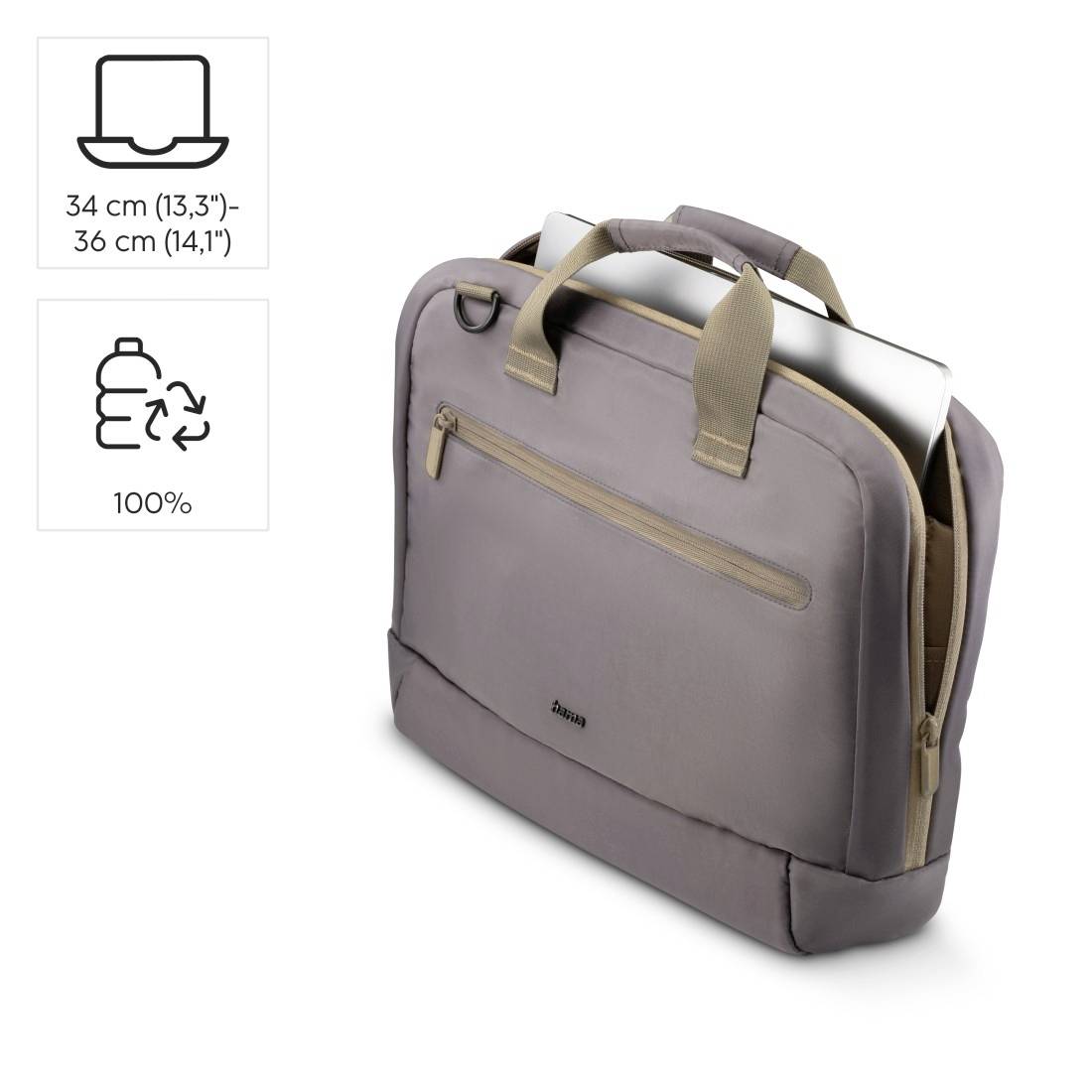 Laptoptasche in beige aus Stoff, geeignet für Laptops von 34-36 cm. Außentasche mit Reißverschluss. Icons für Laptopgröße und Recycling.