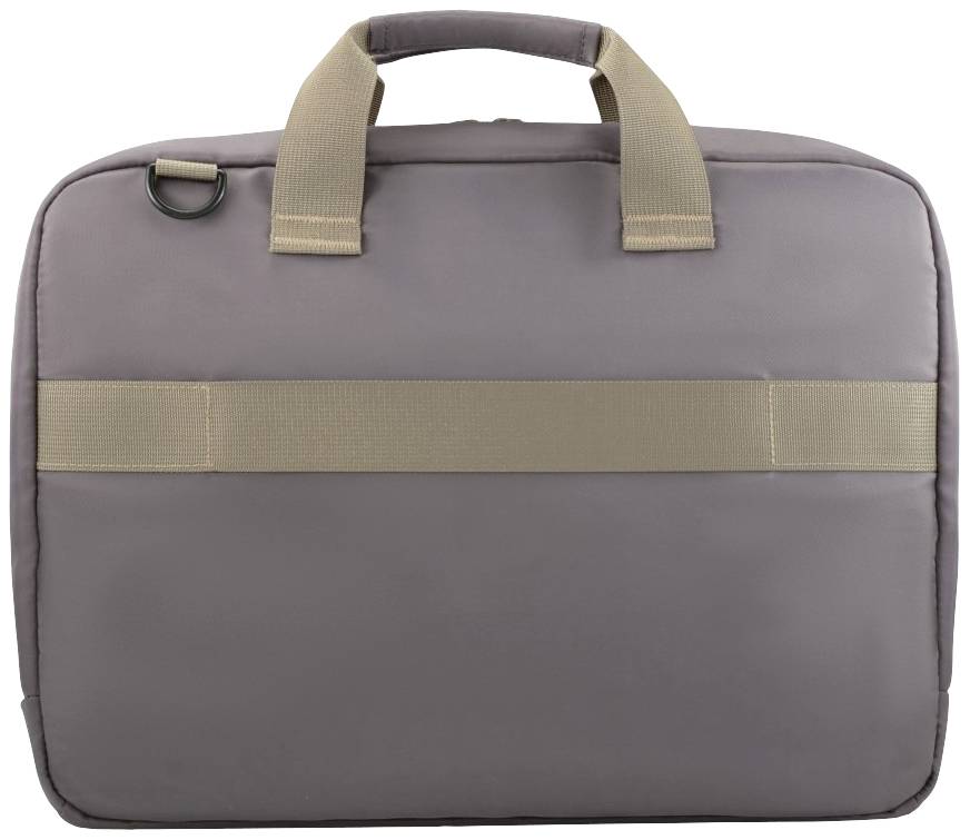 Braune, rechteckige Tragetasche mit beigefarbenen Griffen und einem horizontalen, helleren Gurtband zur Verstärkung.