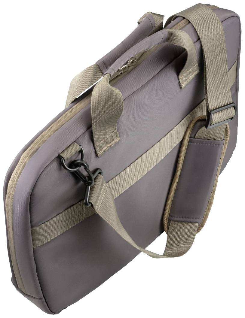 Eine graue Laptop-Tasche mit beigen Trageriemen und Polsterung, geeignet für den Transport von Laptops oder Dokumenten.