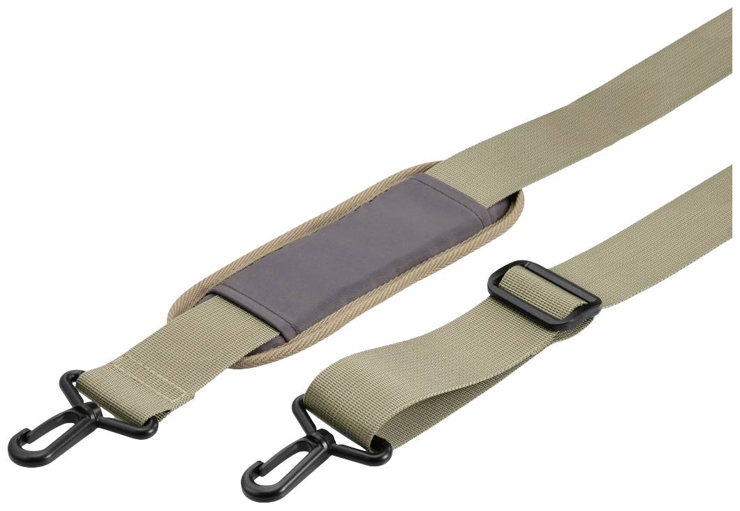 Beige Schultergurt mit zwei Haken und verstellbarer Länge. Enthält ein gepolstertes Teil für Komfort. Ideal für Taschen oder Gepäck.