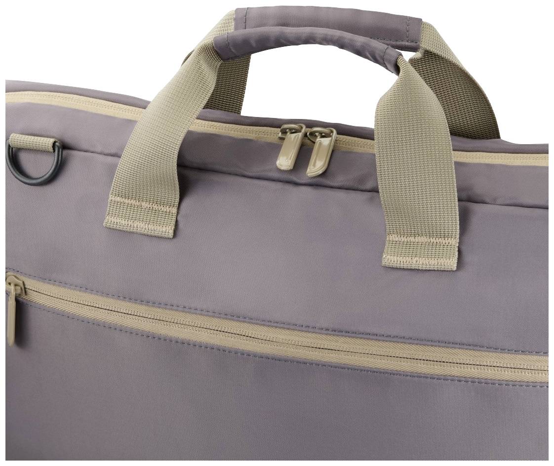 Eine graue Tasche mit beigen Griffen und zwei Reisverschlüssen. Sie hat auch einen kleinen Metallring an der linken Seite.