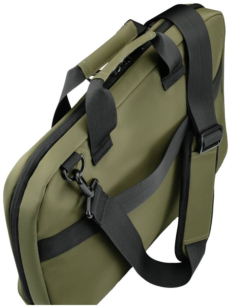 Olivegrüne Laptoptasche mit schwarzen Gurten und Griffen, seitlich gezeigt. Sie hat ein schlichtes, modernes Design.