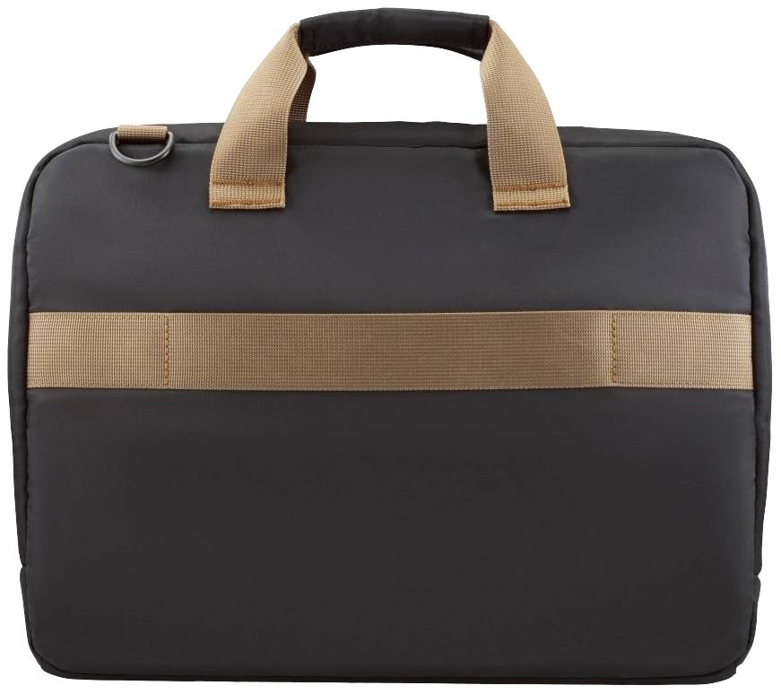 Schwarze Laptop-Tasche mit braunen Griffen und einem horizontalen Band auf der Rückseite.