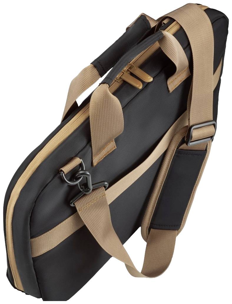 Schwarze Laptop-Tasche mit braunen Trägern und Reißverschlüssen, entworfen für leichten Transport und Schutz elektronischer Geräte.