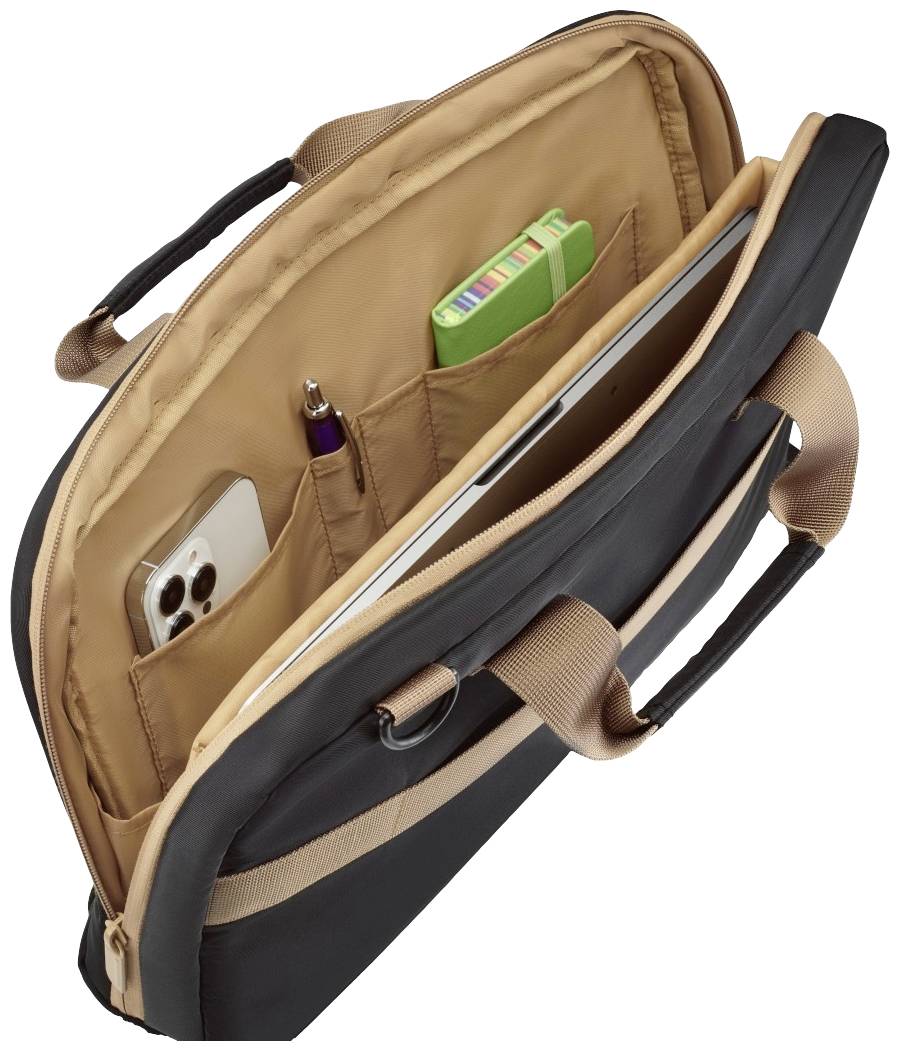 Schwarze Laptop-Tasche mit braunen Griffen, geöffnet. Innen sind ein Smartphone, Stifte, ein Laptop und bunte Karteikarten sichtbar.