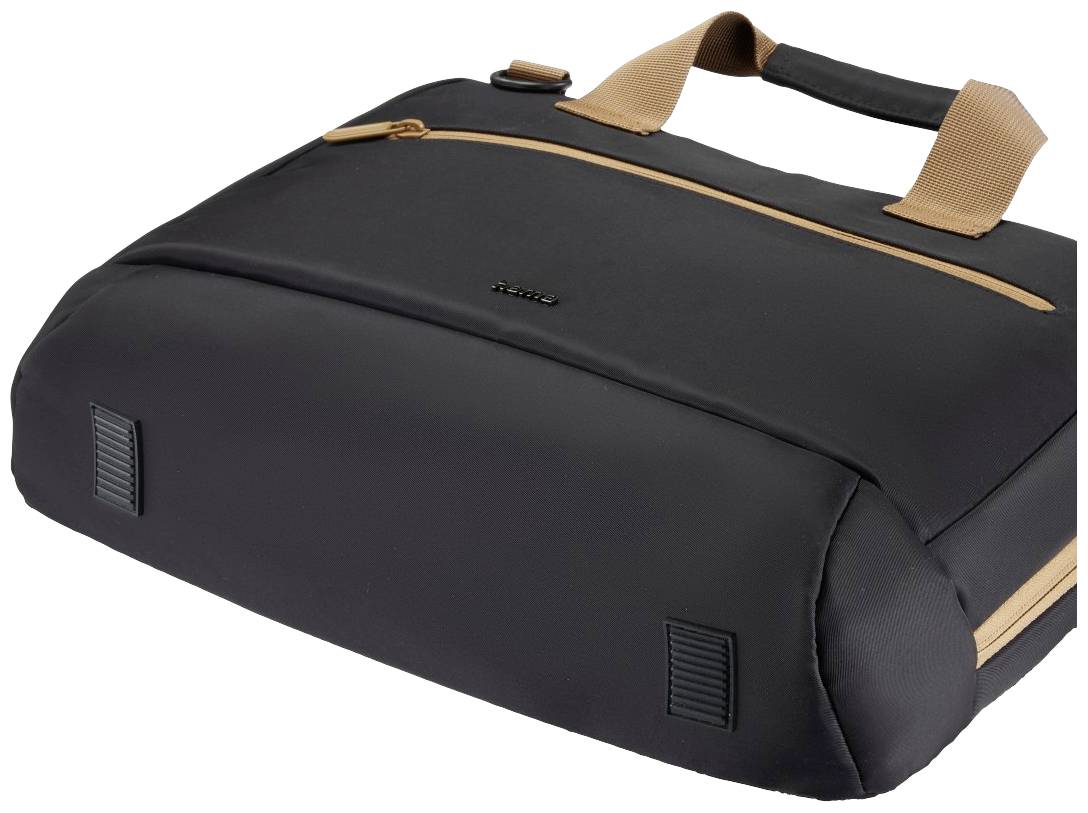 Eine schwarze Tragetasche mit braunen Griffen und Reißverschlussfach. Sie ist rechteckig und eignet sich für den Transport von Laptops.