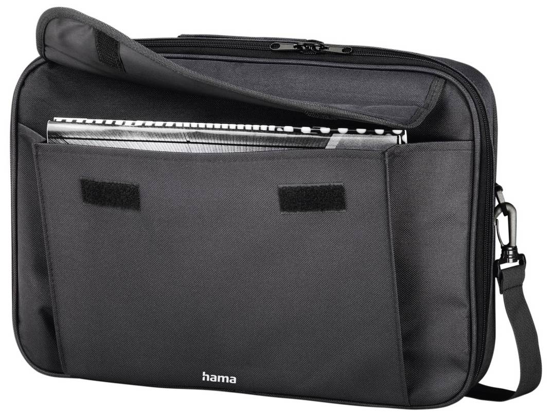 Umhängetasche aus schwarzem Stoff mit Hauptfach für Laptop und zusätzlichem Außentaschenfach, leicht geöffnet.