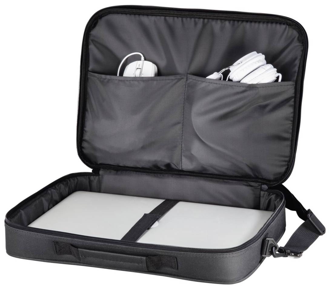 Offene schwarze Laptoptasche mit mehreren Fächern, die ein Laptop, Kopfhörer und Maus enthält.