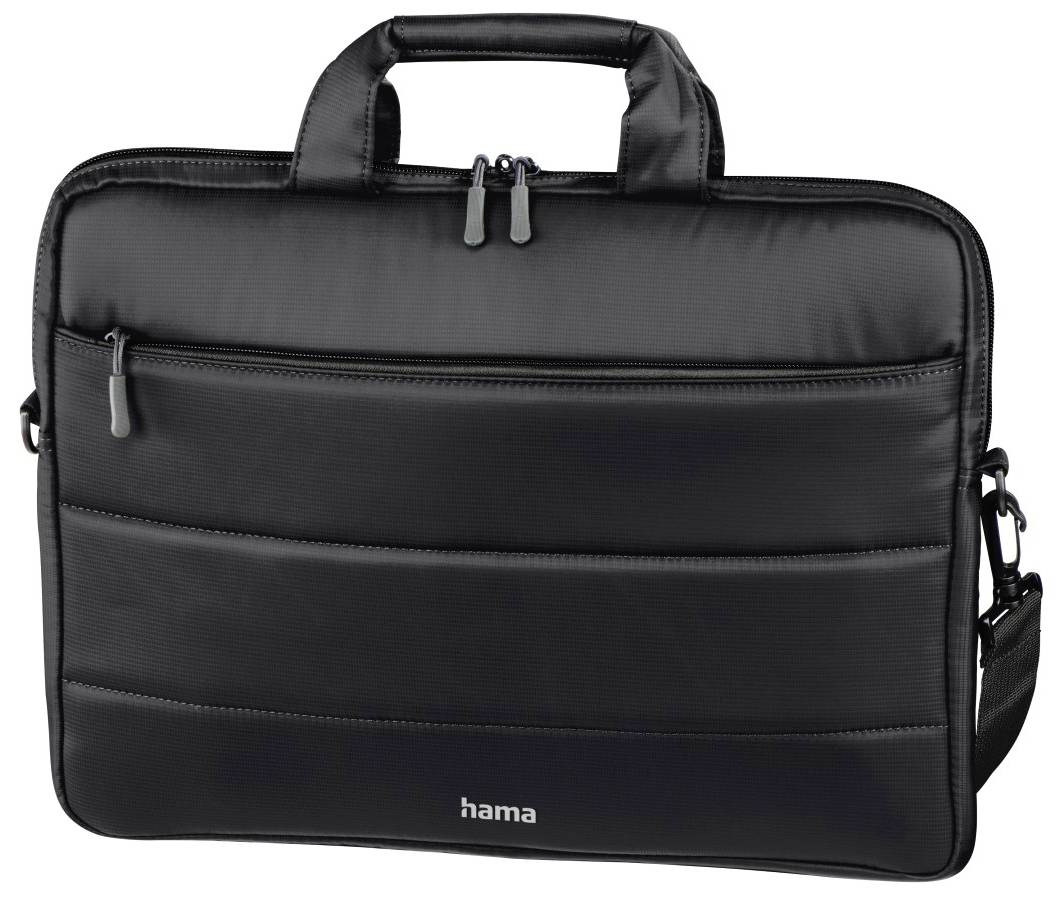 Eine schwarze Laptoptasche mit doppeltem Reißverschluss und Schulterriemen zeigt die Marke 'Hama'.