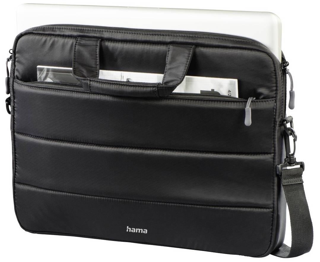 Schwarze Laptoptasche mit Reißverschluss, Tragegriffen und Schultergurt. Eine Zeitschrift und ein Laptop ragen aus der oberen Öffnung heraus.