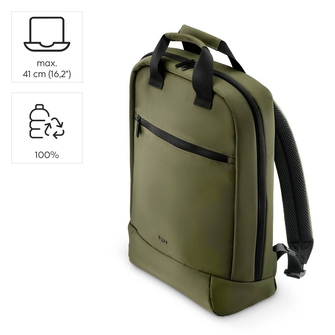 Grüne Rucksack-Tasche, passend für Laptops bis 41 cm. Aus 100 % recyceltem Material. Mit Vordertasche und gepolsterten Trägern.