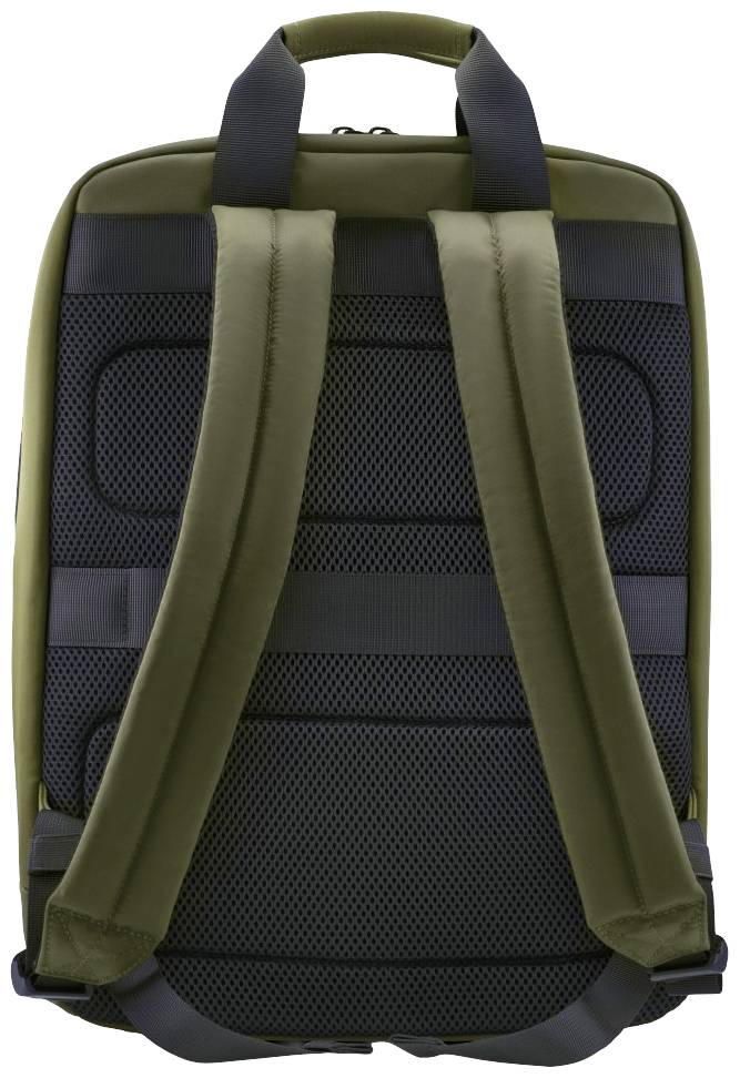Rückansicht eines olivgrünen Rucksacks mit gepolsterten, verstellbaren Trägern und einem atmungsaktiven Rückenteil.
