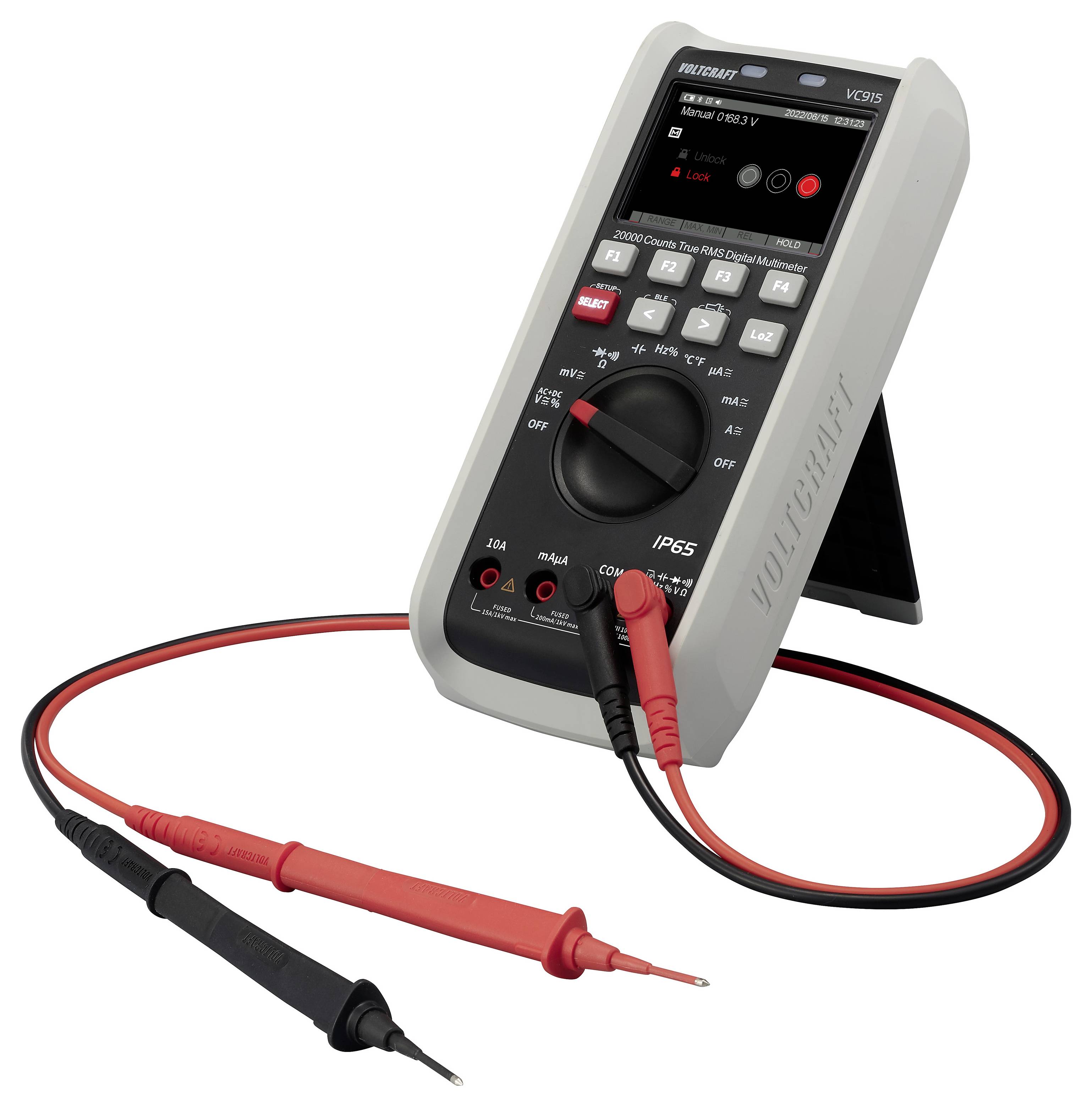 Digitales Multimeter auf einem Ständer mit angeschlossenen roten und schwarzen Messleitungen, auf weißem Hintergrund gezeigt.
