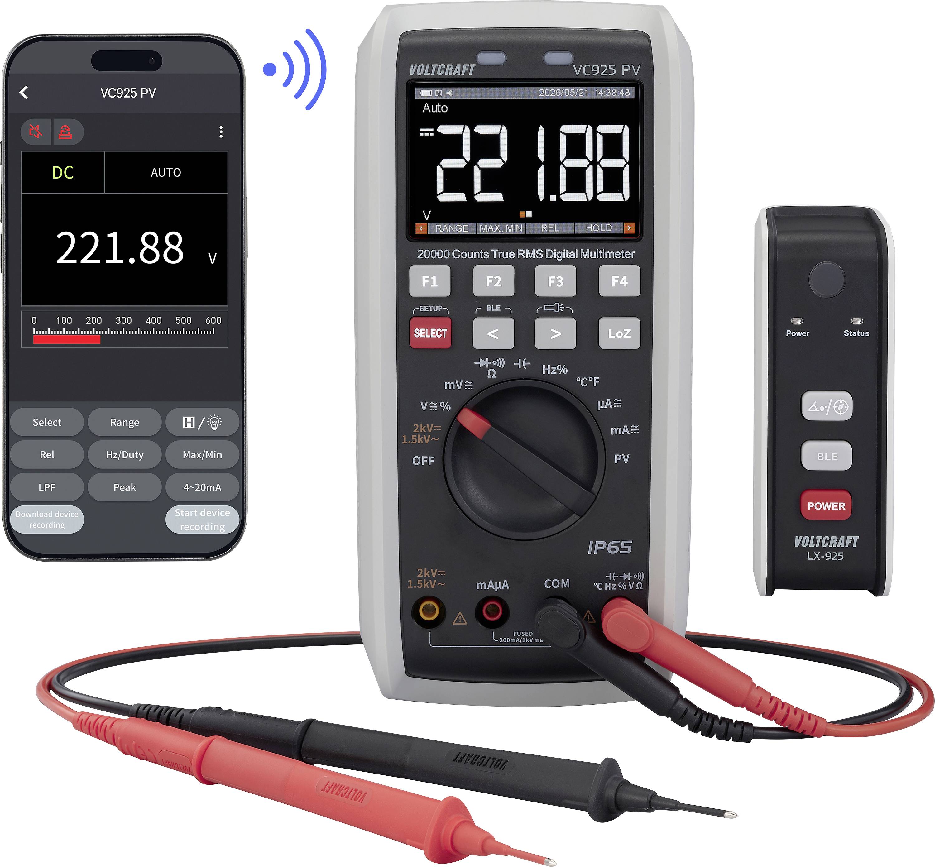 Digitales Multimeter-Set mit einem Voltcraft VC925 PV-Messgerät mit Smartphone-App, Bluetooth-Modul und Messleitungen.