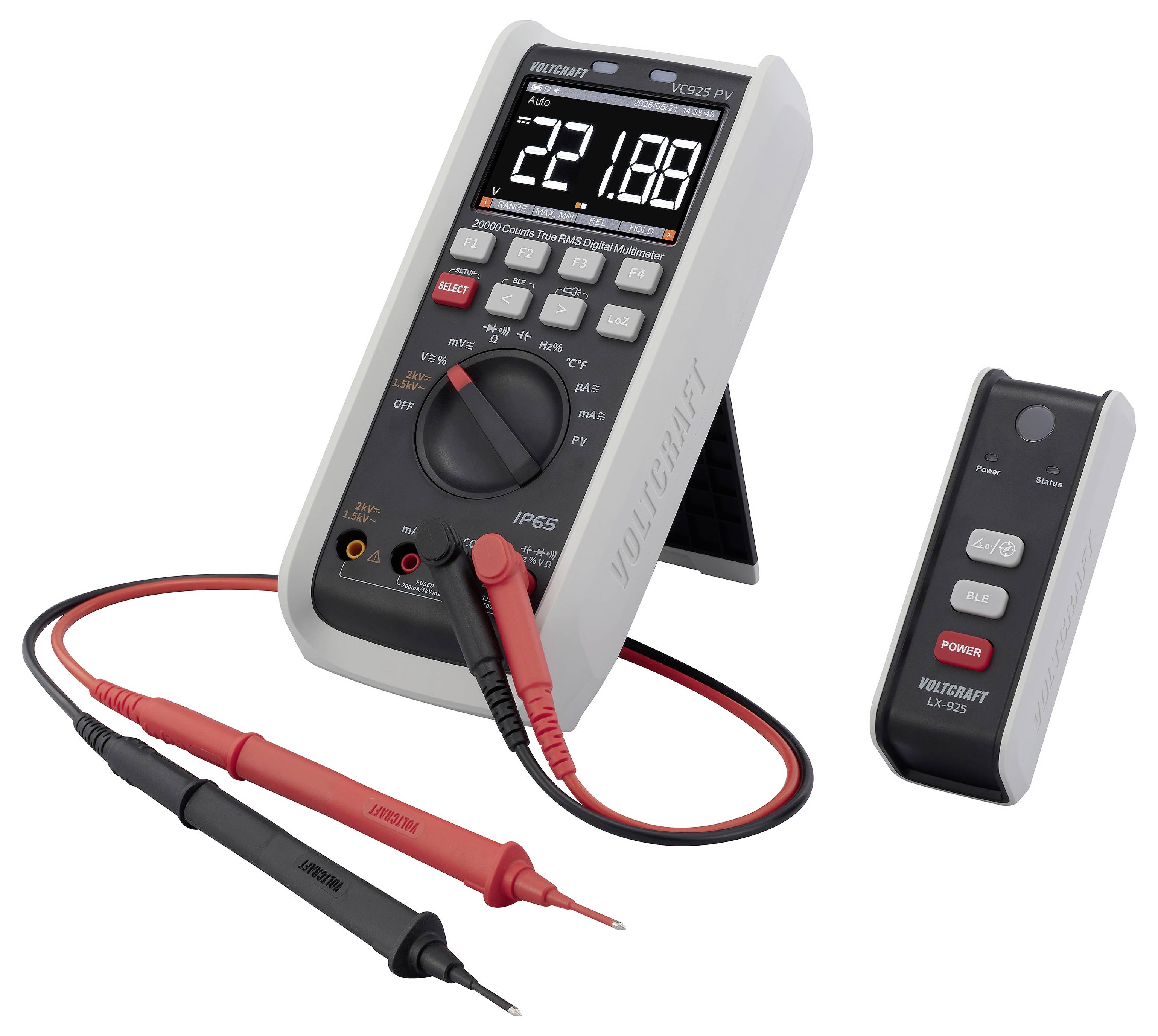 VOLTCRAFT VC925 PV Photovoltaik-Multimeter TRMS LoZ CAT III 1500 V, CAT IV 1000V Bluetooth® integrierte Magnethalterung Tasche