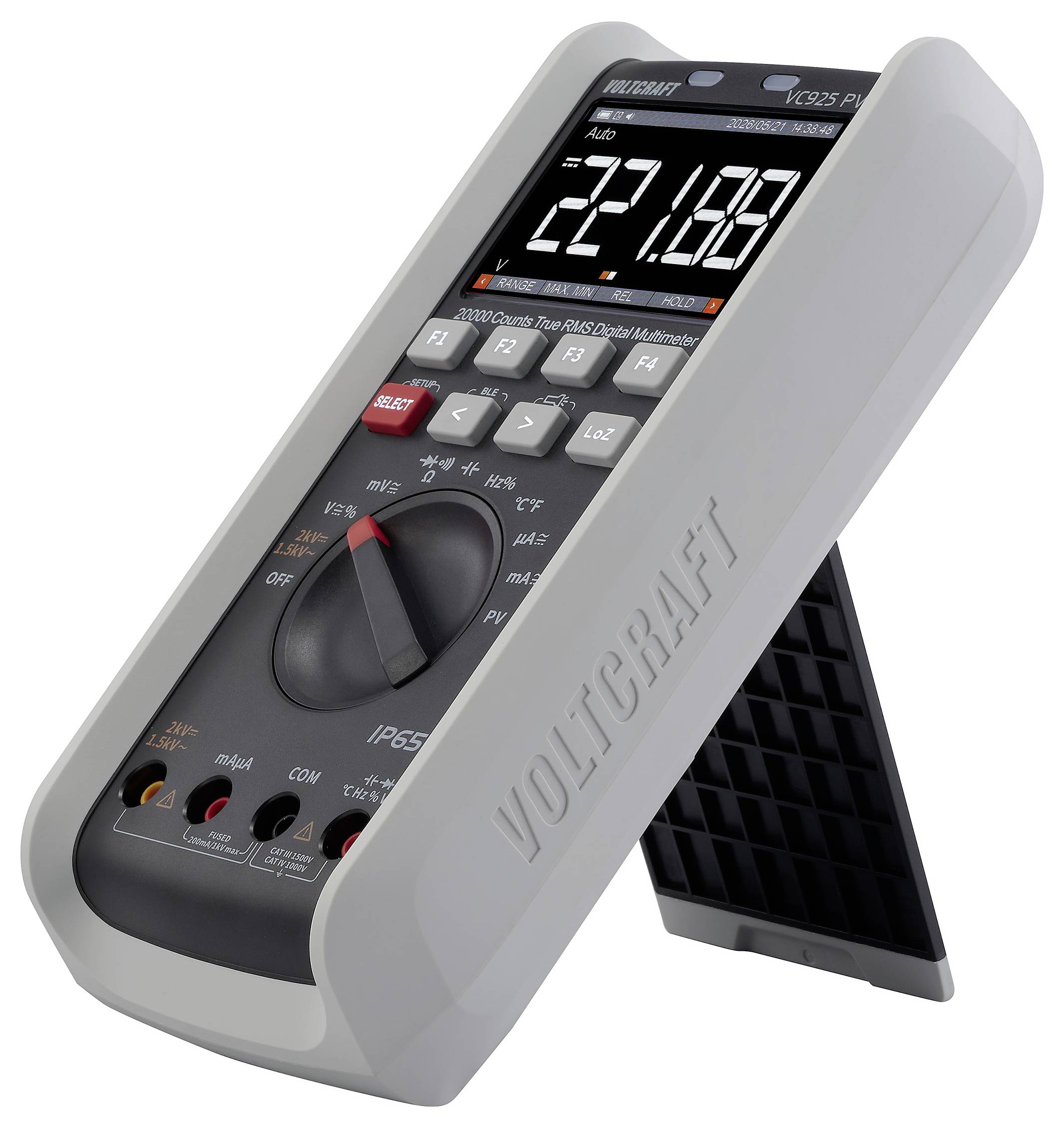 Digitales Multimeter mit schwarzem Display, Drehwähler und Testschaltflächen, in schräger Perspektive auf weißem Hintergrund dargestellt.