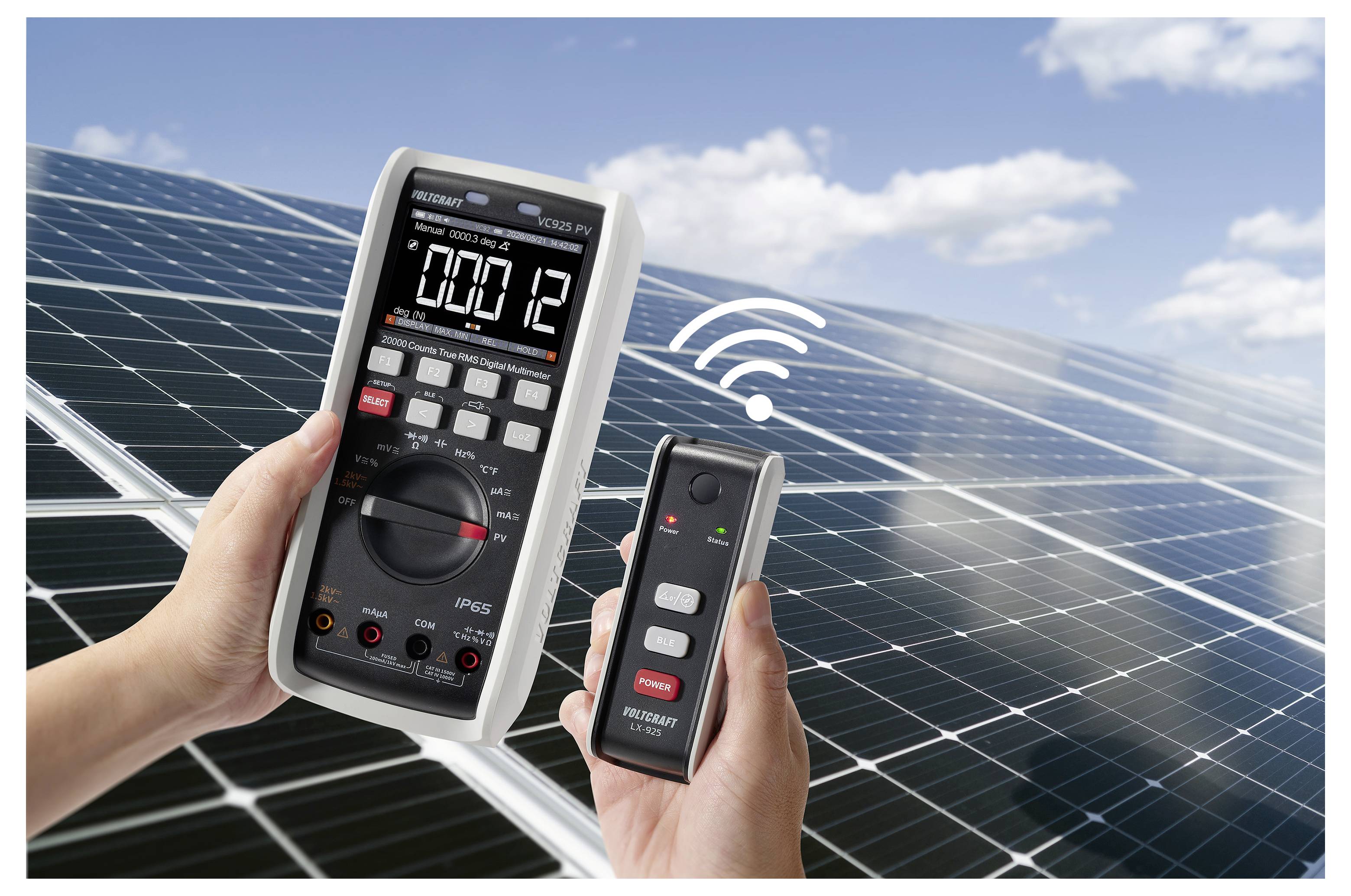 VOLTCRAFT VC925 PV Photovoltaik-Multimeter TRMS LoZ CAT III 1500 V, CAT IV 1000V Bluetooth® integrierte Magnethalterung Tasche