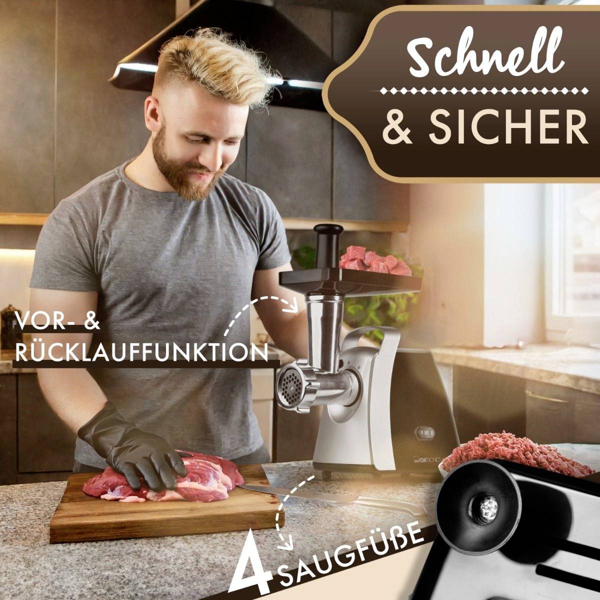 Clatronic FW 3803 264001 Fleischwolf 1000 W Schwarz, Silber