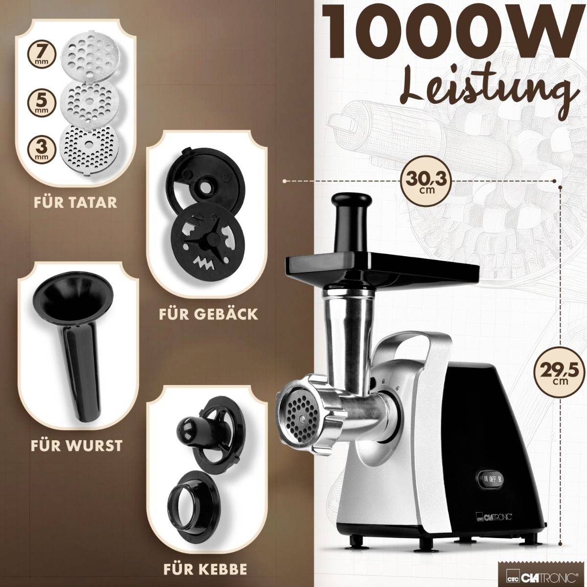 Clatronic FW 3803 264001 Fleischwolf 1000 W Schwarz, Silber