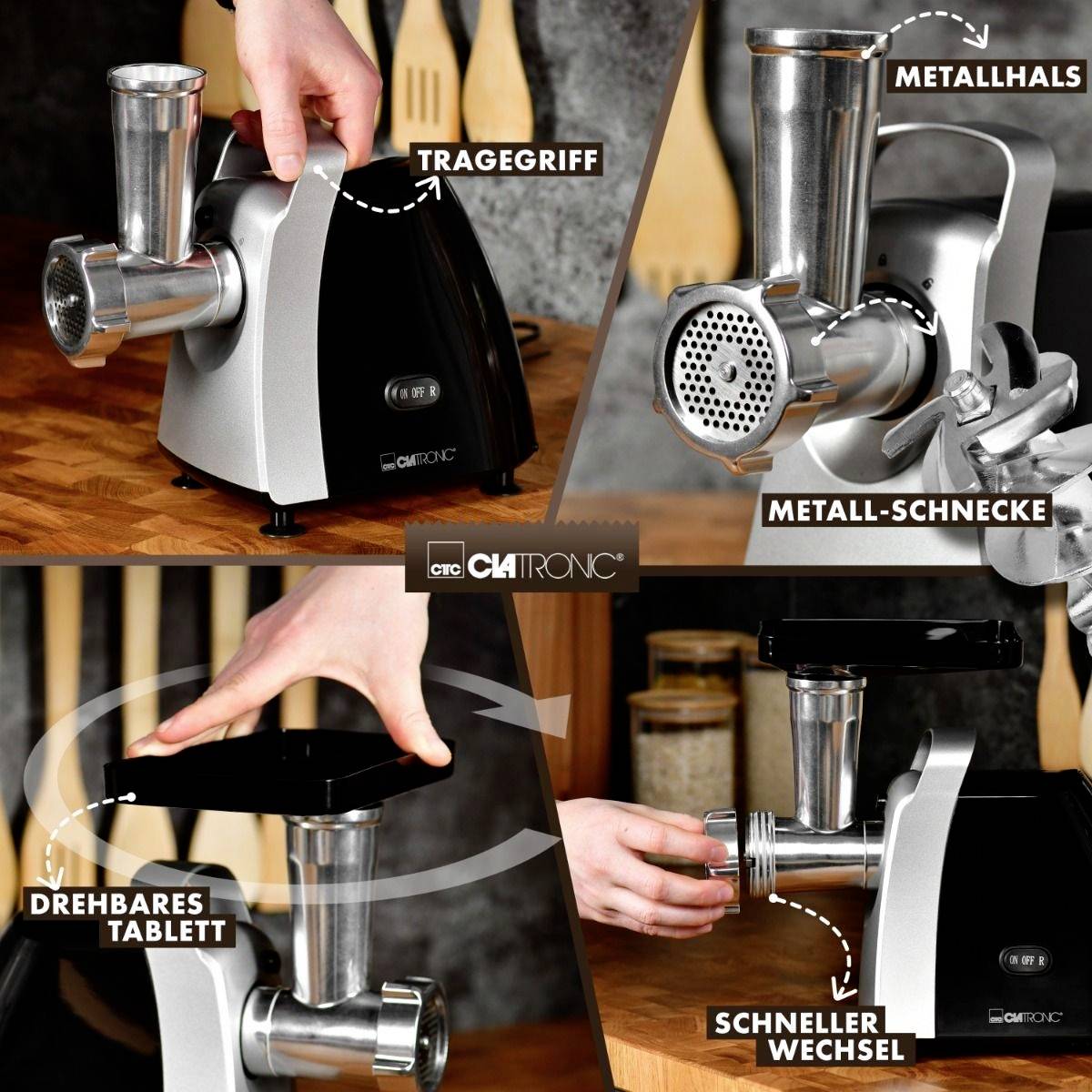 Clatronic FW 3803 264001 Fleischwolf 1000 W Schwarz, Silber