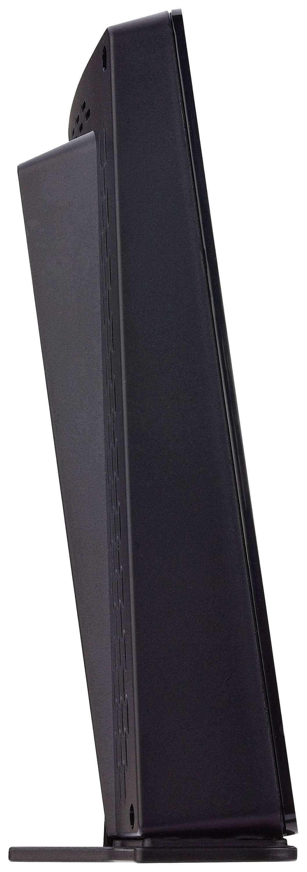Ein schwarzer, schmaler Turm-Computer steht seitlich auf einem Standfuß.