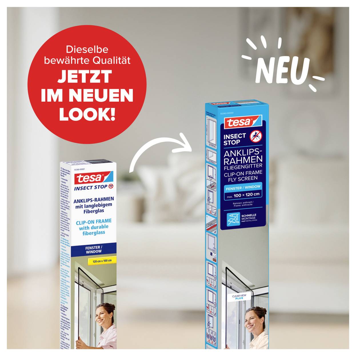 # tesa insect stop VerpackungsredesignAlte Schachtel links, neue höhere blaue Schachtel rechts, mit deutschem Text „Jetzt im neuen Look!