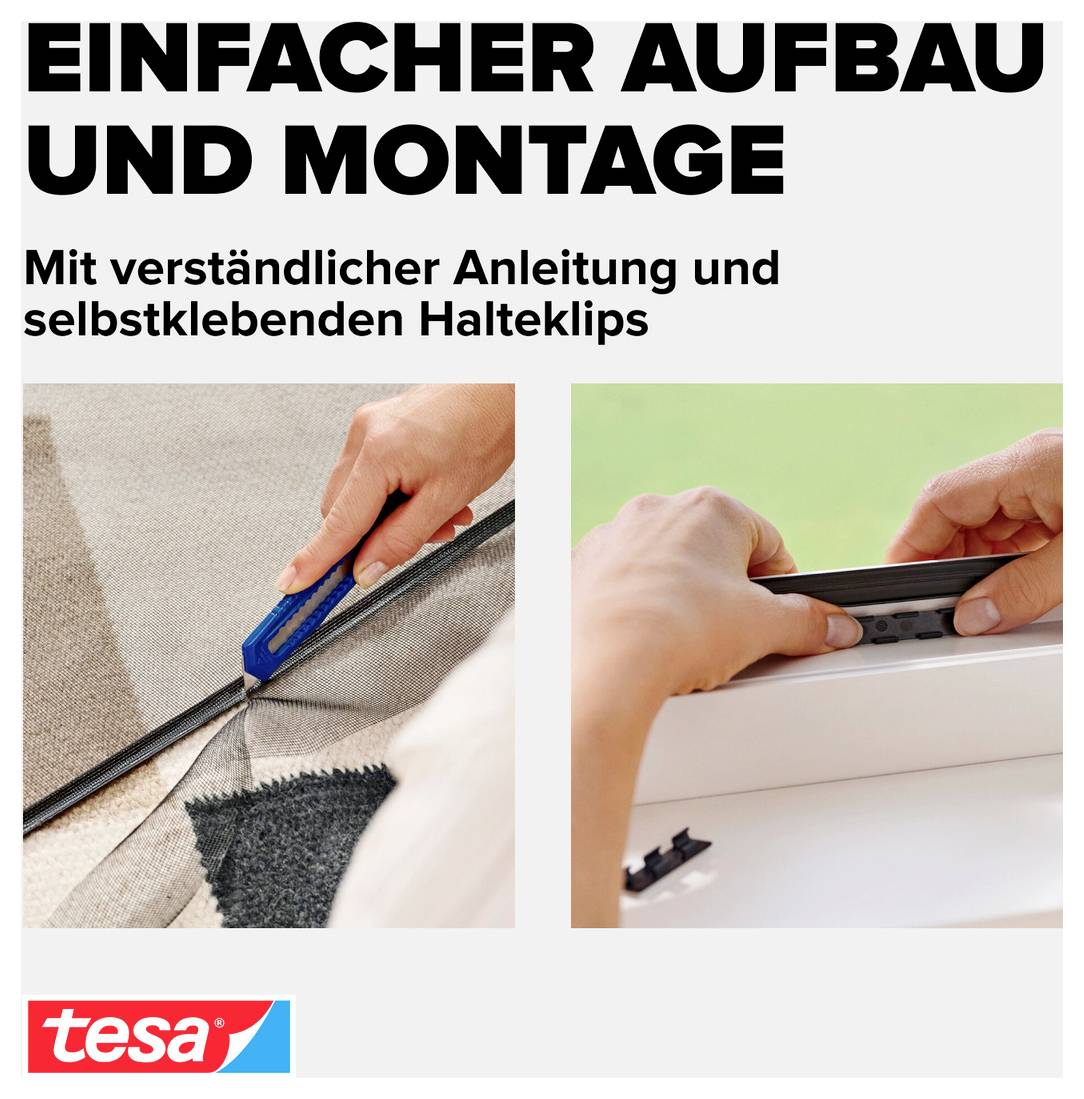 Deutsches Produktangebot mit einfacher Montage und Befestigung mit Anleitung und selbstklebenden Clips; tesa-Logo und Hände, die einen Clip auf einen Fensterrahmen und eine Stoffkante anbringen.