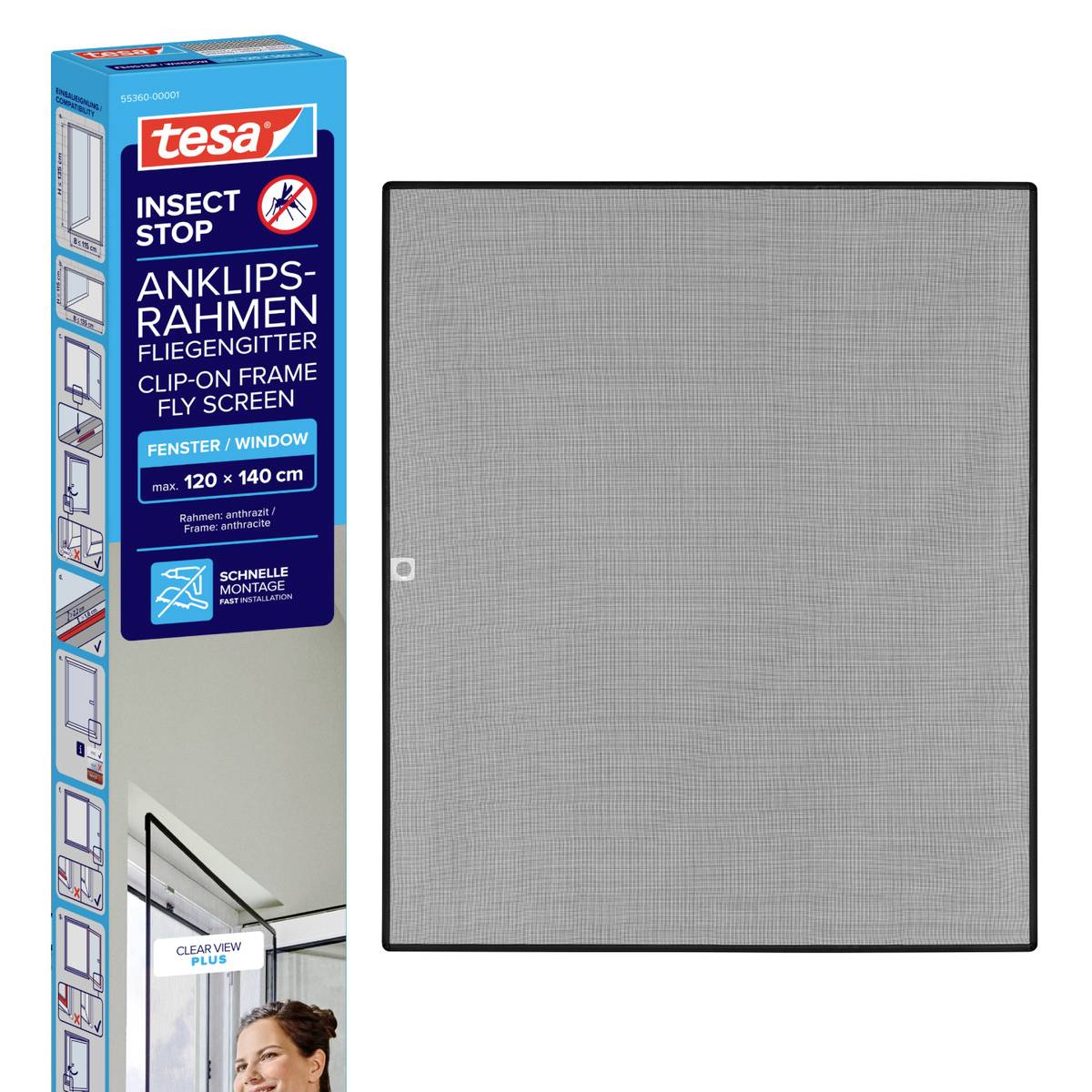 Fensterfliegengitter zum Aufklipsen von tesa, dargestellt als graues Mesh-Panel neben seiner Produktverpackung.