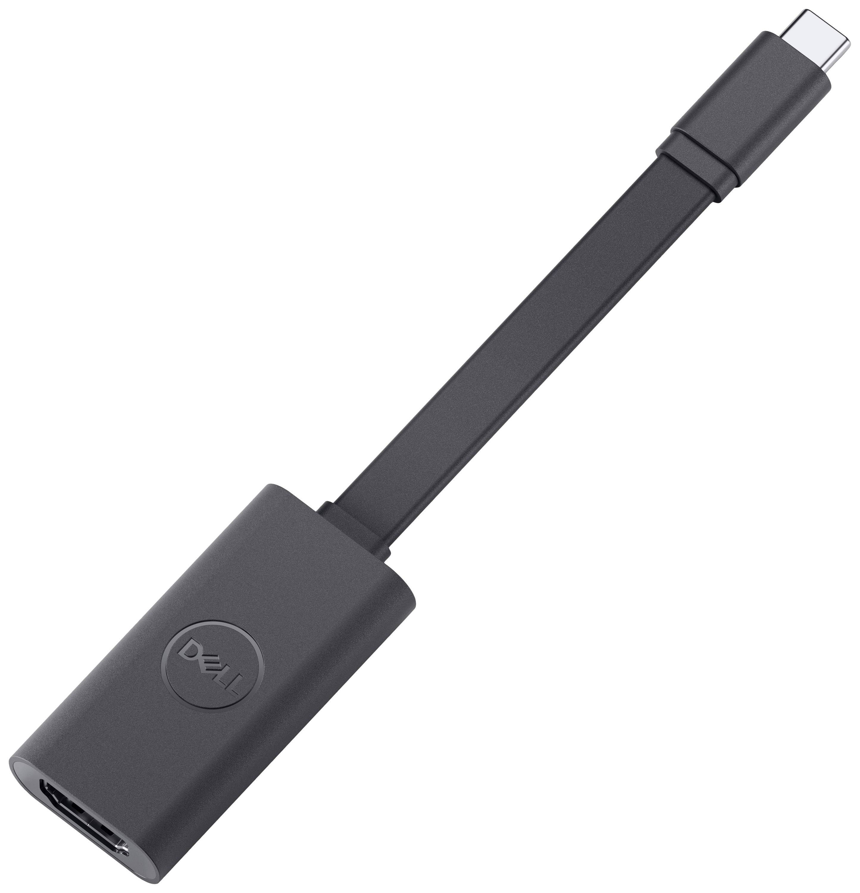 USB-C-zu-HDMI-Adapter von Dell. Schwarzes, rechteckiges Design mit kurzem Kabel. Adapter für Videowiedergabe auf HDMI-Bildschirmen.