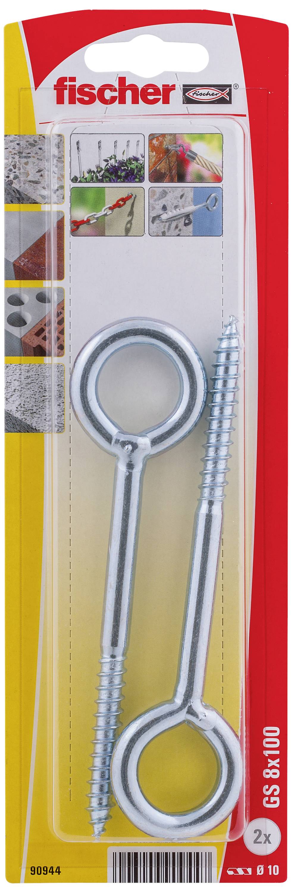 'Fischer' Schraubösen-Set, bestehend aus zwei Metallösen, verpackt in einer rot und gelb gestalteten Kunststoffverpackung.