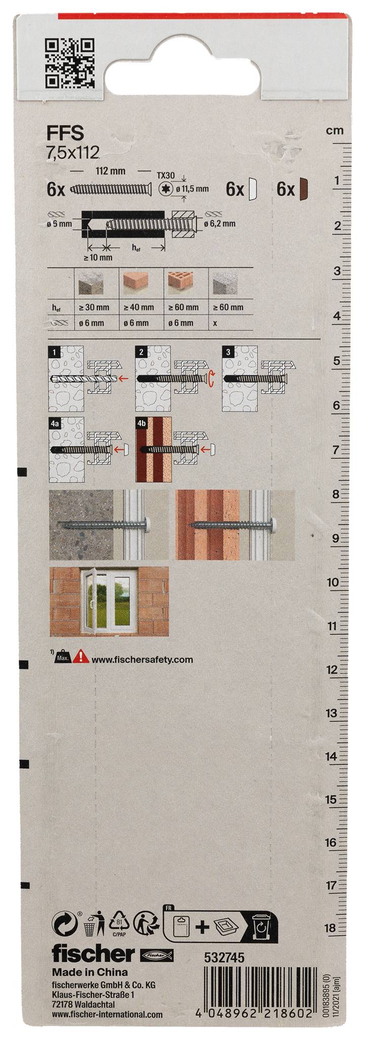 Verpackung für fischer FFS 7,5x112 Befestigungssystem, mit Menge 6, Installationsdiagrammen, Abmessungen und Produktbranding.