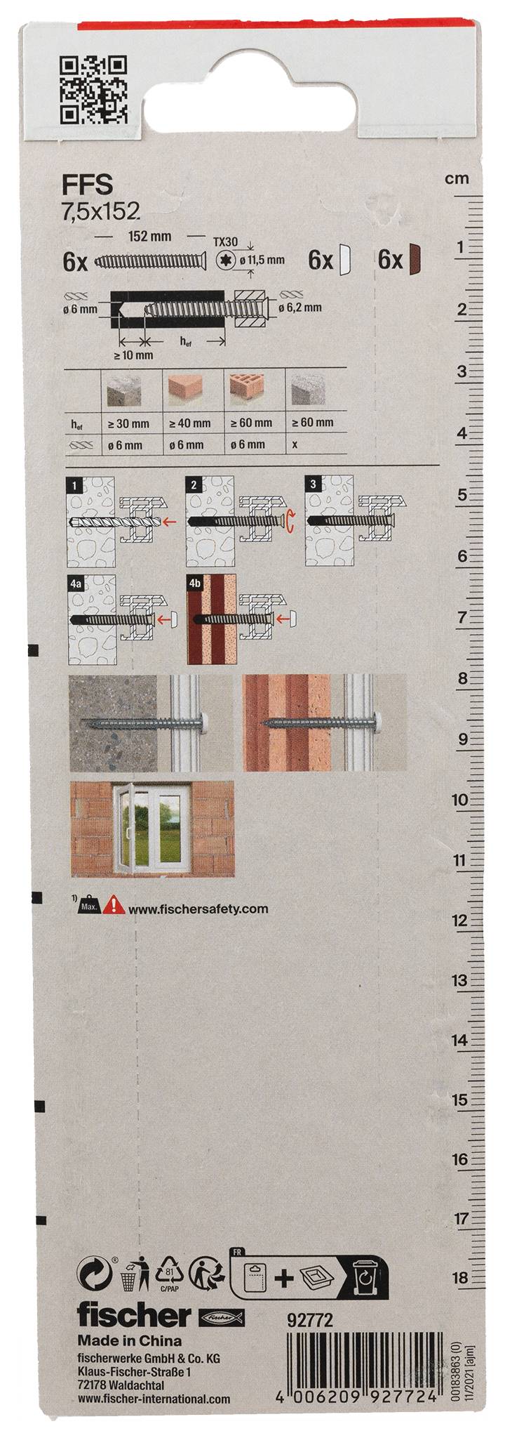 Rückseite der Verpackung von Fischer FFS 7,5x152 Befestigungsmaterial, zeigt Größe, Installationsdiagramme, Verwendungsbeispiele und eine metrische Linealskalierung.