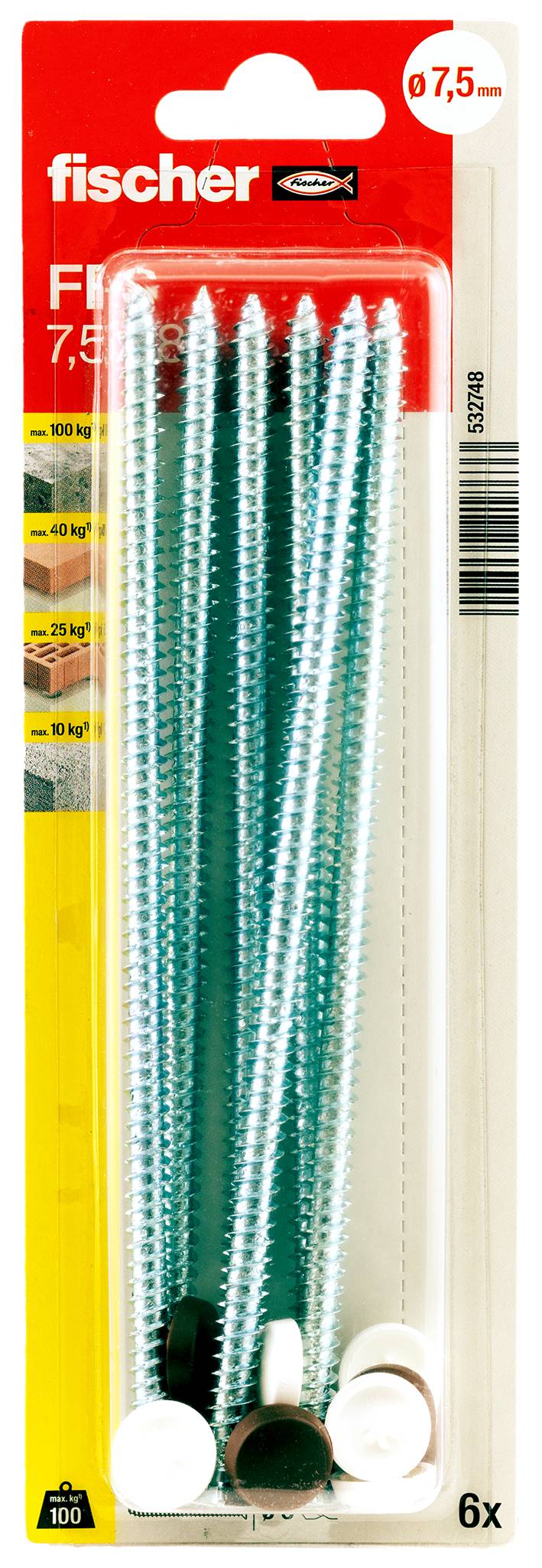 Packung mit sechs Fischer-Schrauben in einer durchsichtigen Kunststoffblisterverpackung auf einer rot-weißen Rückseite, mit Gewichtsmarkierungen und einem Barcode.