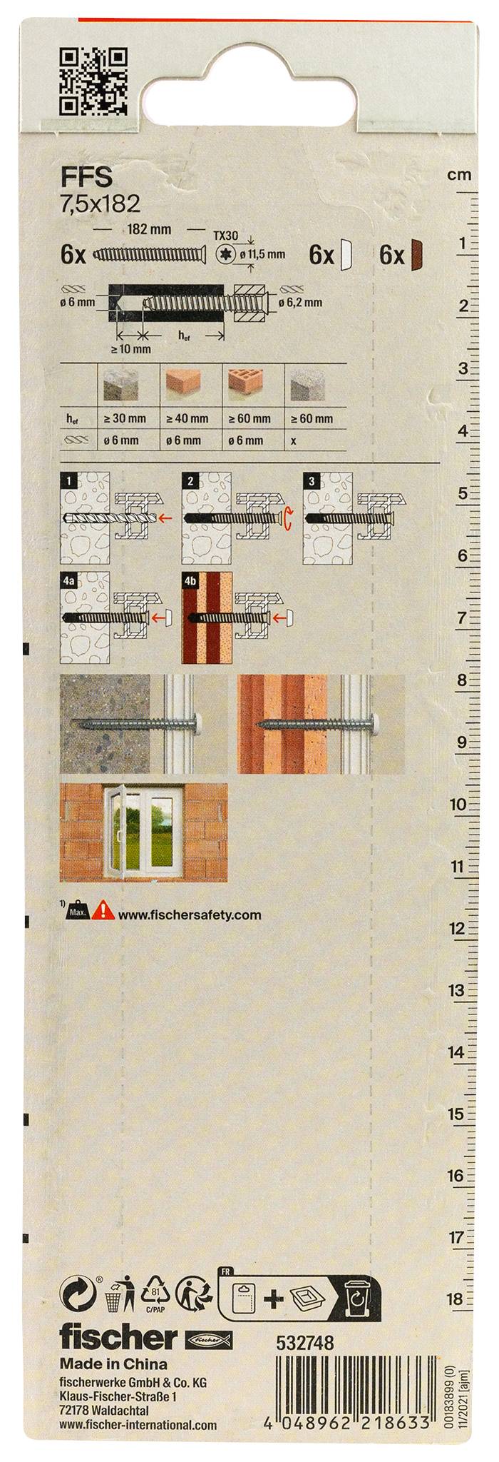 Rückseite einer Fischer-Hardwareverpackung mit QR-Code, Produktdiagrammen und Installationsschritten, Größe 7,5x182, Menge 6, und dem Barcode am unteren Ende.