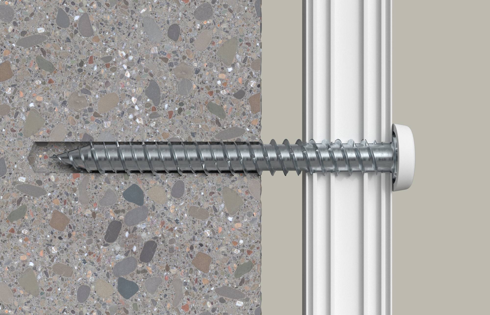 Querschnitt, der eine lange Schraube zeigt, die durch eine Betonwand in einen weißen Metallrahmen verankert ist und den Rahmen an Ort und Stelle sichert.