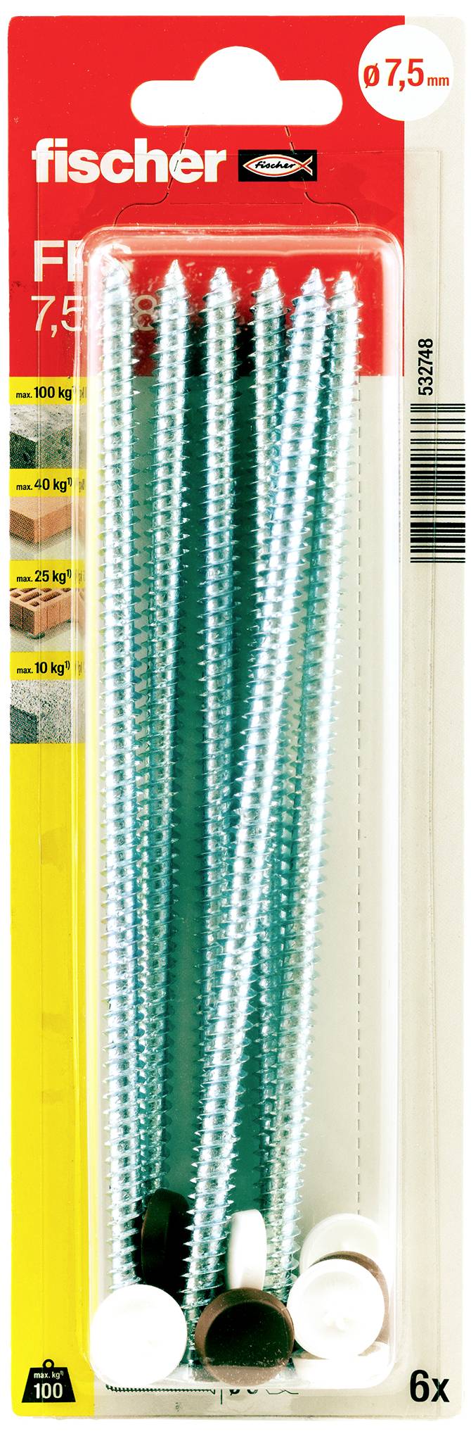 Verpackung von Fischer-Dübeln und Schrauben. Enthält 6 Stück, geeignet für Lasten bis 50 kg. Verpackung zeigt ein rotes und gelbes Design.