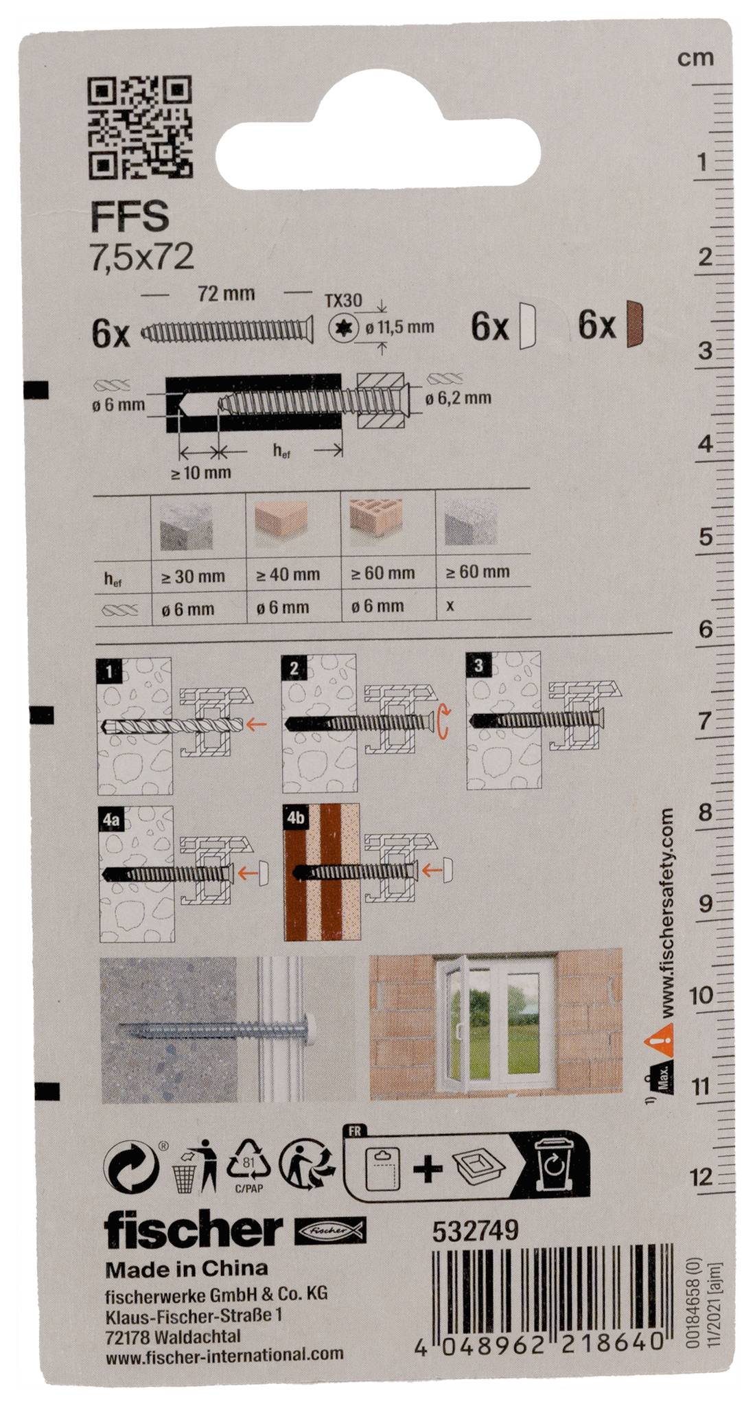 Produktverpackung für Fischer FFS 7,5x72 Dübel und Schrauben, mit Größendiagramm, Installationsschritte, Tragfähigkeitsgrenzen und Barcode.